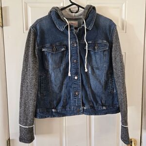 Mossimo Supply Co Denim Jean Jacket Hoodie XXL Blue Gray Knit Sleeves Casual
